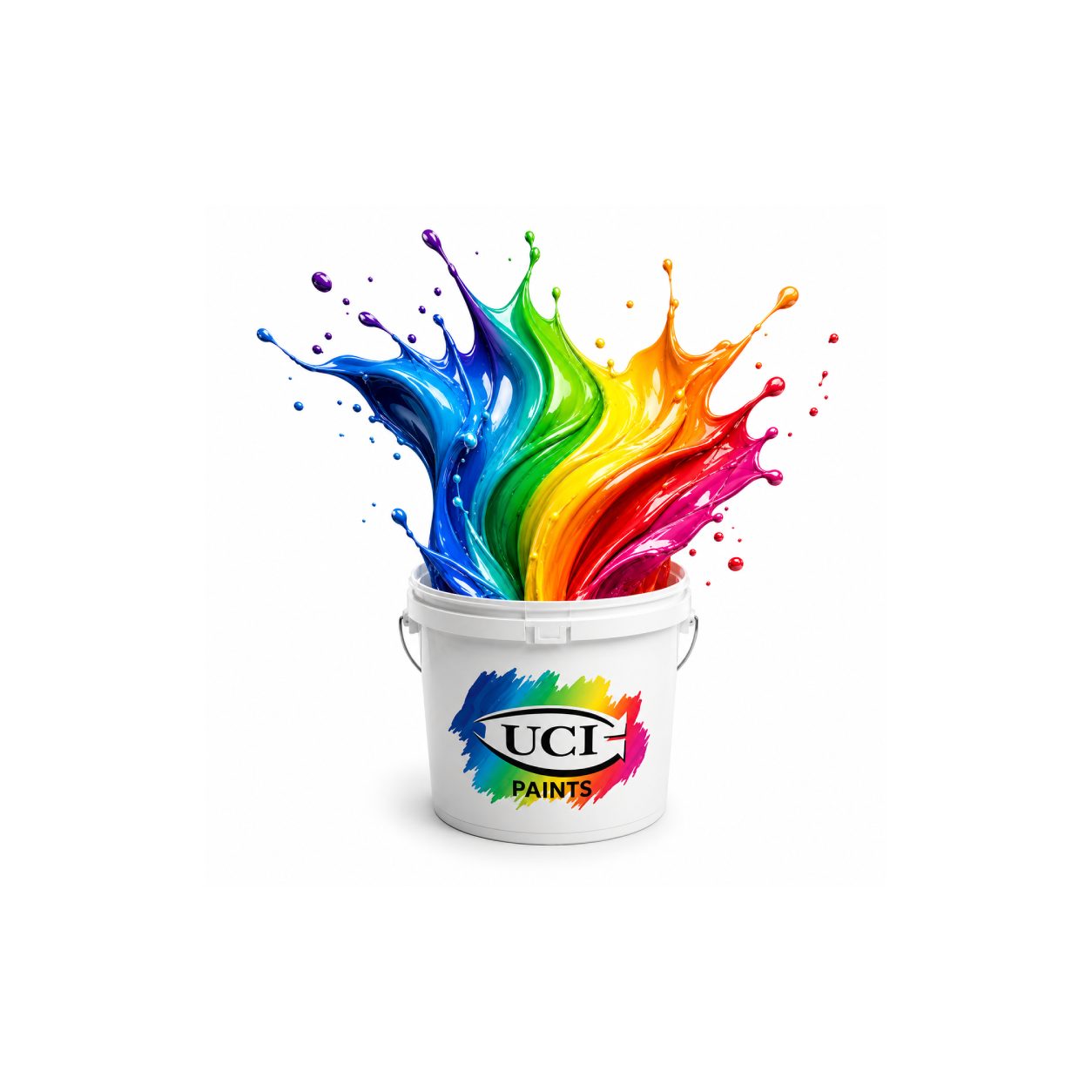 Rainbow paint splashing from a white UCI Paints bucket